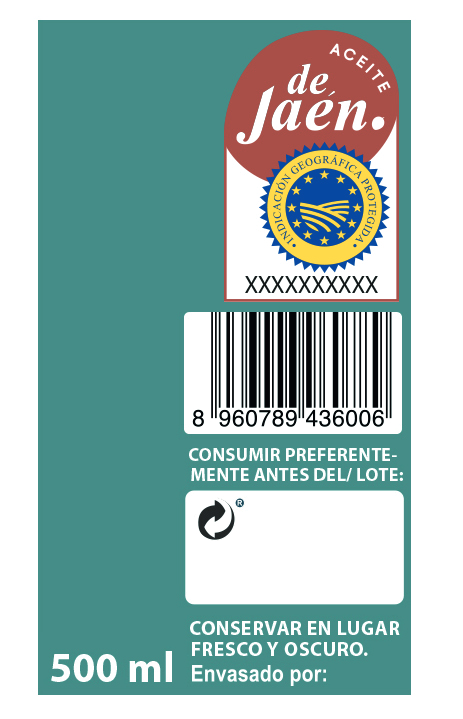 Etiqueta trasera oficial IGP Aceite de Jaén: contraetiqueta numerada, lote y menciones obligatorias