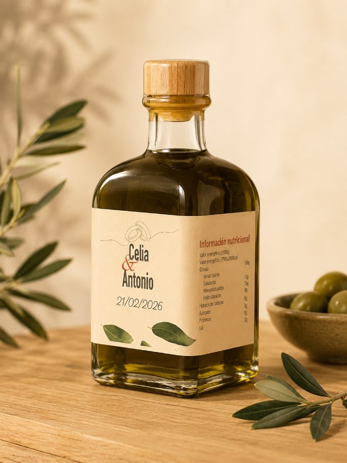 botellita de aceite de oliva virgen extra personalizada para boda — Celia y Antonio, 100 ml