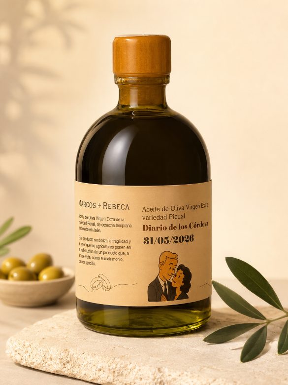 botella de aceite personalizada para la boda de Marcos y Rebeca, variedad Picual