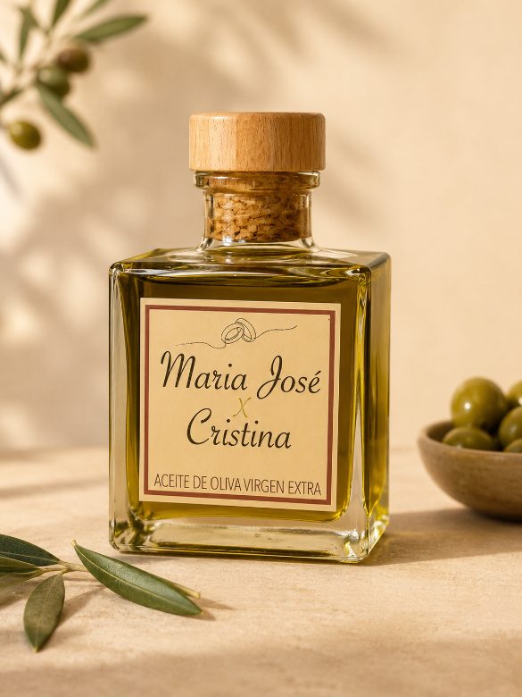 detalle de botella de boda AOVE 100 ml de María José y Cristina