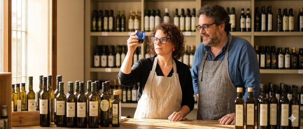 Mercedes Uceda leading an extra virgin olive oil tasting at the Molino & Cata oleoteca