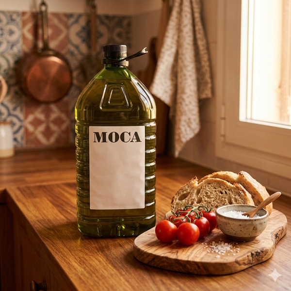 MOCA 5-litre extra virgin olive oil tin in a Mediterranean kitchen
